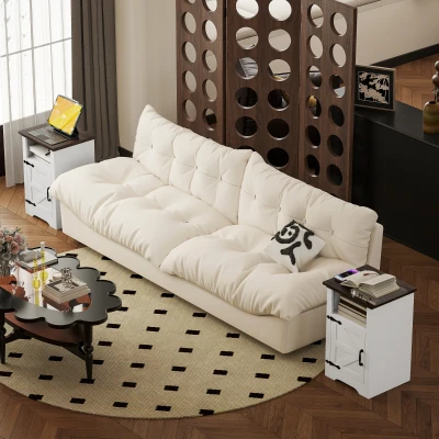 HOMCOM Set of 2 Side Tables, Night Stands with Charging Outlets, White