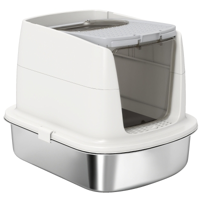 PawHut Large Stainless Steel Litter Box, Enclosed Metal Cat Litter Tray with Scoop, Deodoriser Bag, Front-Entry and Top-Exit