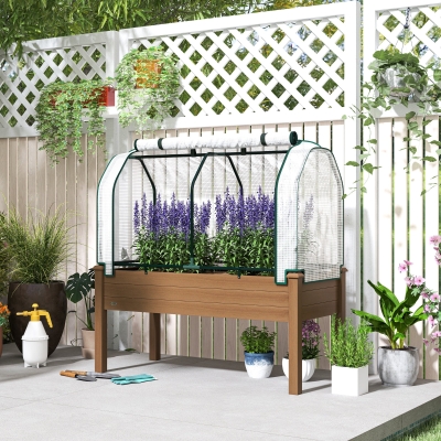 Outsunny Raised Garden Bed with PE Greenhouse Cover Outdoor Elevated Wood Planter Box for Herbs and Vegetables Brown