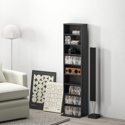 HOMCOM Media Storage Cabinet, 9-Tier Tall Narrow DVD Shelf with 6 Adjustable Shelves, Black