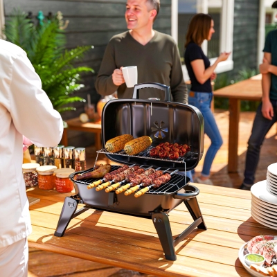 Outsunny Charcoal BBQ Grill, Foldable Barbecue Grill with Warming Rack, Adjustable Vent, Thermometer, Handles, Black