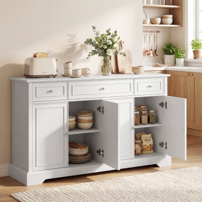 HOMCOM Sideboard Buffet Cabinet, 54" Kitchen Storage Cabinet with Soft-Close Doors, 3 Drawers and 2 Adjustable Shelves, White