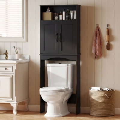 HOMCOM Over The Toilet Storage Shelf Freestanding Bathroom Organizer with 2 Doors and Open Shelf Black