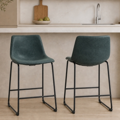 HOMCOM Counter Height Bar Stools Set of 2, Vintage PU Leather Bar Chairs, Kitchen Stool with Footrest for Home Bar Green