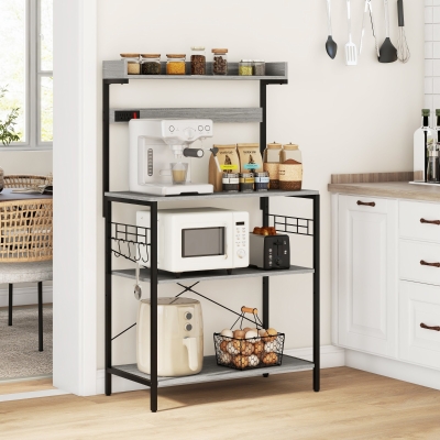 HOMCOM Kitchen Baker's Rack with Power Outlet, Coffee Bar Station with Adjustable Shelves and Hooks, Distressed Grey