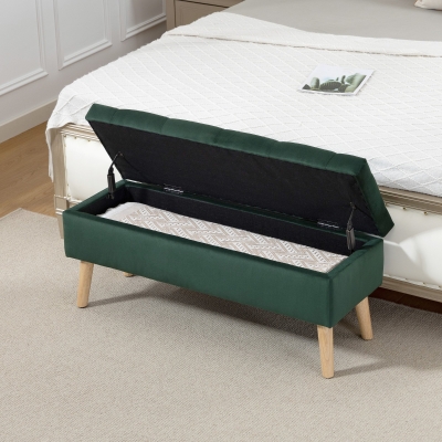 HOMCOM Storage Ottoman with Lid, Velvet Upholstered Storage Bench with Wood Legs for Living Room, Dark Green