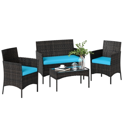 Outsunny 4 Pieces Wicker Outdoor Balcony Furniture Set Rattan Patio Furniture Set with Loveseat Chairs Glass Coffee Table Turquoise