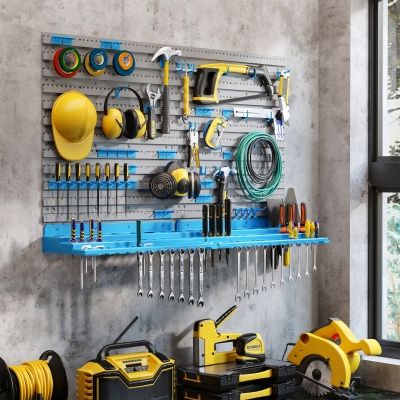 DURHAND 54 Piece Pegboard and Shelf Tool Organizer Wall Mounted DIY Garage Storage with 50 Hooks Blue
