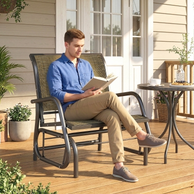 Outsunny Patio Glider Outdoor Glider Chair with Breathable Mesh Seat & Backrest, Armrests and Metal Frame, Light Mixed Brown
