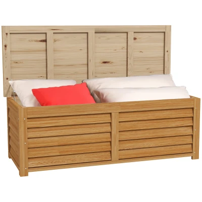 Outsunny 176L Outdoor Storage Box, Wooden Deck Storage Container with 2 Safety Hinges for Balcony, Porch, Poolside, Light Brown