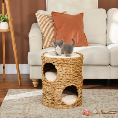 PawHut 2-Storey Cat Condo Barrel, Small Cat Tree Tower with Top Perch and 2 Hideaways, 2 Entrances, 3 Cushions, Light Brown