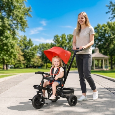 Qaba Tricycle for Toddler 5 in 1 Kids Trike, Foldable Converts Stroller to Toddler Bike, Adjustable Backrest & Curved Canopy, Detachable Guardrail & Handle for 1-5 Years Old, Red