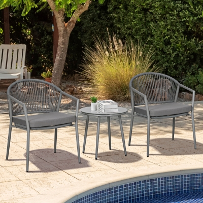 Outsunny 3-Piece Rattan Bistro Set, Garden Seating Group with 2 Armchairs and Coffee Table, Balcony Furniture Set, Grey