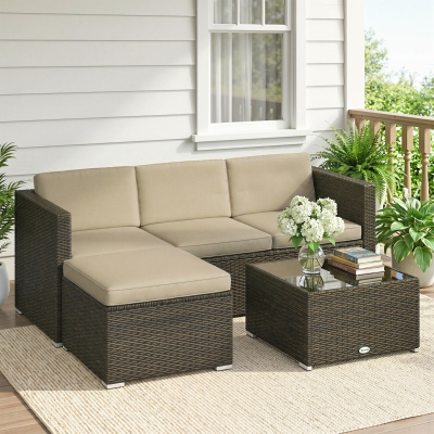 Outsunny 3 Pieces Patio Furniture Set with Cushions, Outdoor PE Rattan Wicker Conversation Corner Sofa Set, Khaki