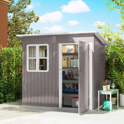 Outsunny 7' x 4' Galvanised Steel Outdoor Storage Shed, Garden Shed with Window, Lockable Wide Door and Air Vents, Warm Grey