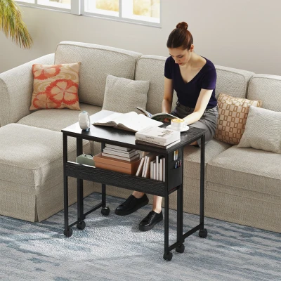 HOMCOM Folding Computer Desk with Storage, Shelf & Wheels, Black
