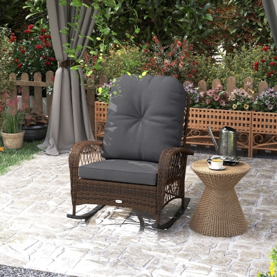 Outsunny Outdoor Wicker Rattan Rocking Chair Patio Rocker with Thick Cushions for Garden Backyard Porch, Black