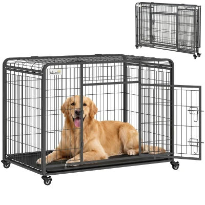 PawHut Folding Heavy Duty Dog Crate Heavy Duty Cage for Large Sized Dogs with Double Doors, Lockable Wheels Tray, 43" x 28" x 31"