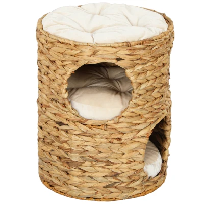PawHut 2-Storey Cat Condo Barrel, Small Cat Tree Tower with Top Perch and 2 Hideaways, 2 Entrances, 3 Cushions, Light Brown