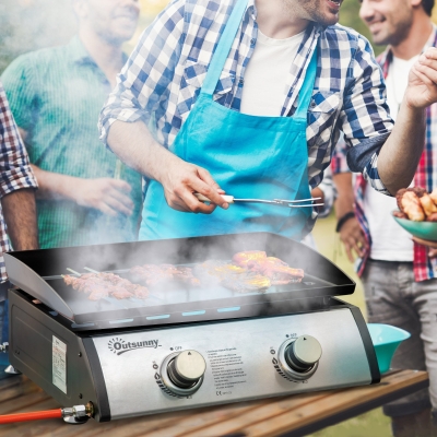 Outsunny 2 Burner Liquefied Gas Grill, Portable Tabletop BBQ Grill, for Camping, Picnic, Silver