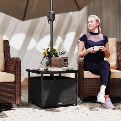 Outsunny 21.75" Outdoor Rattan Wicker Patio Coffee Table with Umbrella Hole, Patio Side Table with Slatted Metal Top, Black