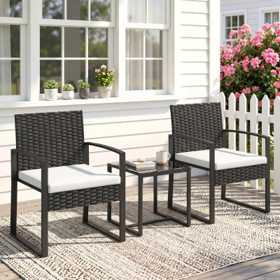 Outsunny Outdoor Bistro Set, 3 Piece Wicker Patio Furniture Set with Glass Top Table and Cushions for Porch, Balcony, Cream White