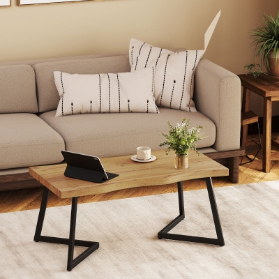 HOMCOM Coffee Table Curved Thick Top Living Room Accent Table Black Metal Legs, 39.4" x 19.7" x 17.7", Oak