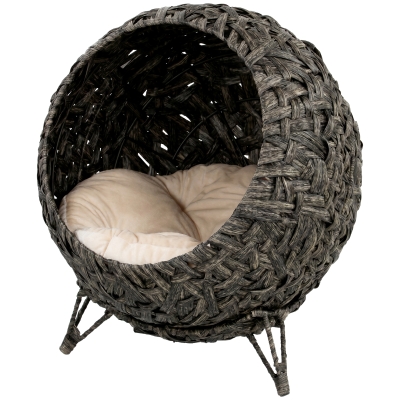 PawHut Rattan Elevated Cat Bed with Cushion and Metal Base