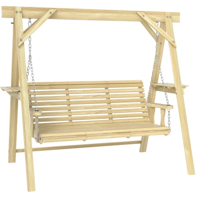 Outsunny 3 Seat Wooden Porch Swing with Stand, Patio Swing with Side Tables, for Garden, Poolside, Backyard, Natural Wood