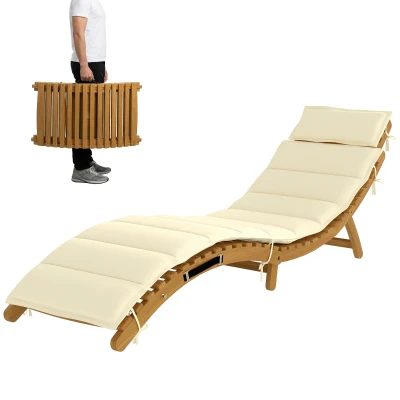 Outsunny Folding Chaise Lounge Chair Outdoor, Acacia Wood Lounger Tanning Chair with Cushion, Headrest, Cream White