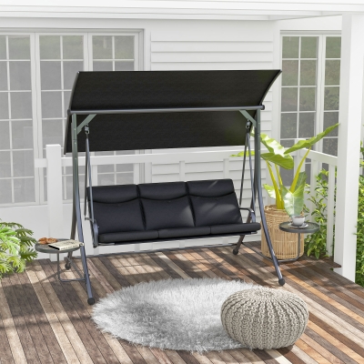 Outsunny 3 Seat Outdoor Swing Chair Steel Swing Bench Porch Swing With Adjustable Canopy & Coffee Tables & Cushion for Patio Garden, Black