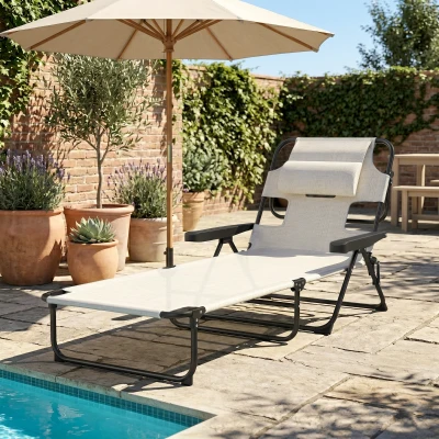 Outsunny Folding Lounge Chair, Reclining Back, Cream White