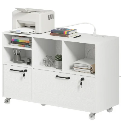 HOMCOM File Cabinet, 2 Drawer Mobile Lateral Filing Cabinet Printer Stand with Lock, Charging Station, Hanging Bars, White
