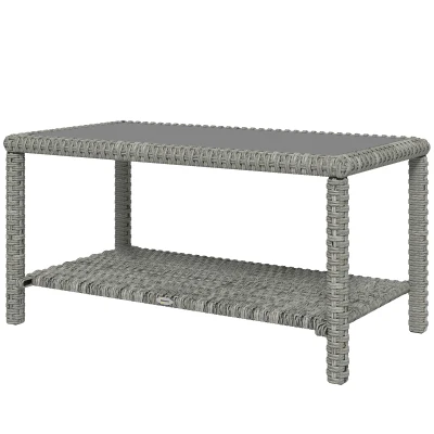Outsunny 35" Outdoor Wicker Coffee Table with Glass Top, Storage Shelf for Garden Porch Balcony Deck, Dark Grey