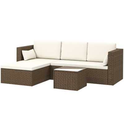 Outsunny 3pcs Modern Rattan Sofa Set, Wicker Patio Furniture Set with Coffee Table, Cushions, Pillows