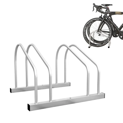 HOMCOM 2-Bike Adjustable Bike Rack, Steel Bike Stand, Ground Mount Garage Organizer for Indoor and Outdoor Use, Silver