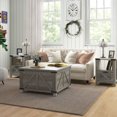 HOMCOM Farmhouse Coffee Table, Square Center Table with Flip-top Lids, Hidden Storage Compartment and Wooden Legs, Distressed Grey