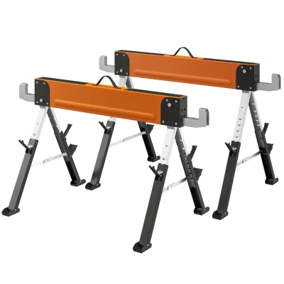 HOMCOM Saw Horses 2 Pack, Folding Heavy Duty Sawhorses with Adjustable Height and 2x6 Bracket, Carry Handle, Orange