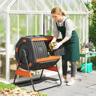 Outsunny 53 Gal Dual Chamber Outdoor Tumbling Composter, Orange
