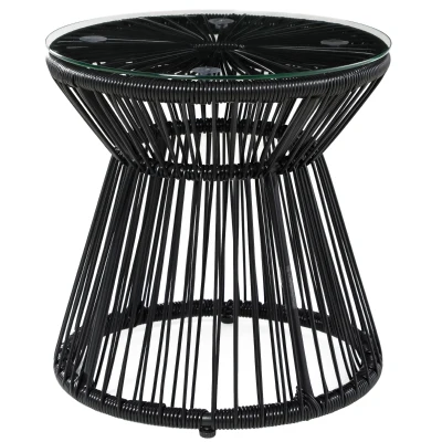Outsunny Round End Table, Rattan Side Table, Hollow Drum Design Coffee Table w/ Glass Tabletop for Patio, Garden, Balcony, Black