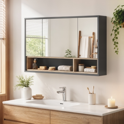 HOMCOM Wall Mounted Bathroom Medicine Cabinet with Mirror and Shelves, Grey