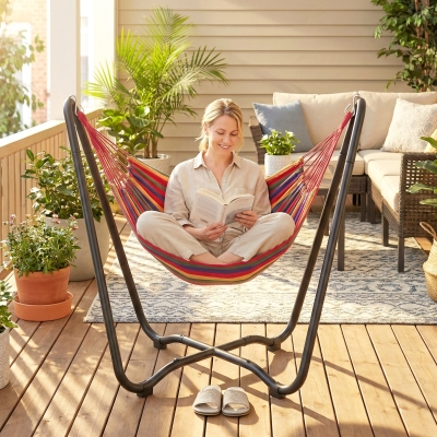 Outsunny Patio Hammock with Stand, Fabric Outdoor Hammock Bed with Stand for Beach, Yard, Bedroom, Indoor, Outdoor, Muti-Colored