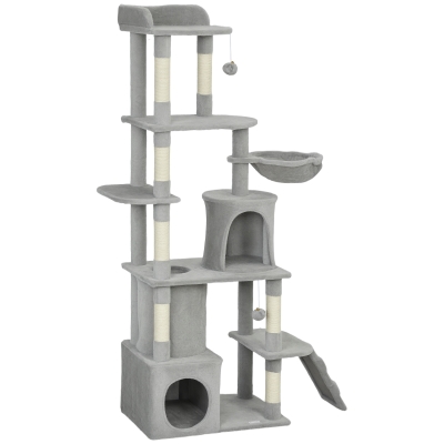PawHut 67" Large Cat Tree with 7 Scratching Posts, Tunnel, 2 Condos, Hammock, Perch, Ramp, Pompoms, Light Grey