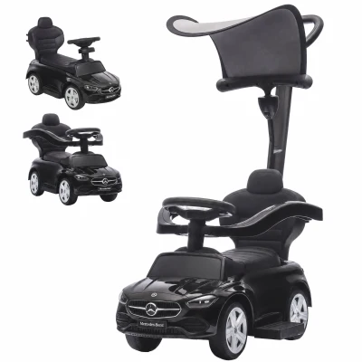 Qaba 3 in 1 Toddler Push Car Licensed Mercedes-Benz with Push Handle, Canopy, Guardrails, Horn, Music for 18-36 Months, Black