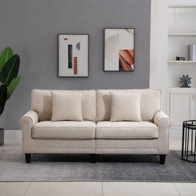 HOMCOM Modern 3 Seater Sofa, Corduroy Fabric 3 Seater Couch with Pine Wood Legs and Rolled Armrests for Living Room, Beige