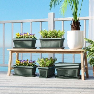 Outsunny 7 Pack 15.7" Plastic Flower Planters with Drainage Holes and Trays, Plant Pots for Indoor Outdoor Plants, Green