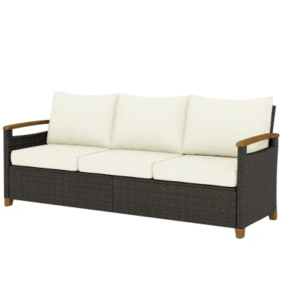Outsunny 3 Seater Outdoor Couch Sofa, PE Wicker Patio Furniture Couch, Wide Seat, 4" Cushions, Wood-Effect Armrests, Cream White