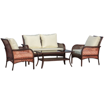 Outsunny 4-Piece Outdoor Wicker Sofa Set, White Rattan Furniture