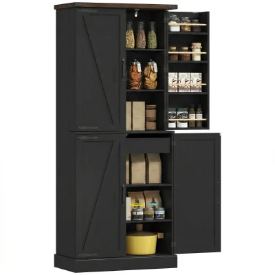 HOMCOM 72" Tall Kitchen Pantry Cabinet, Farmhouse Storage Cabinet with 8 Door Racks and Adjustable Shelves, Black