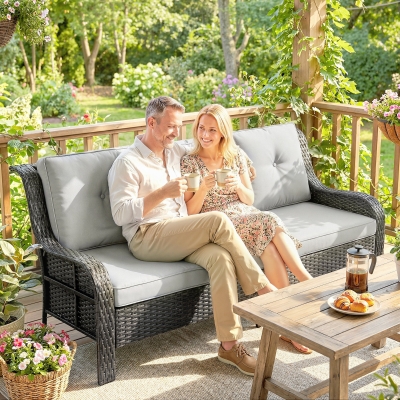 Outsunny Wicker Patio Sofa with Cushions, 3 Seater Rattan Outdoor Couch for Patio, Garden, Porch, Backyard, Light Grey